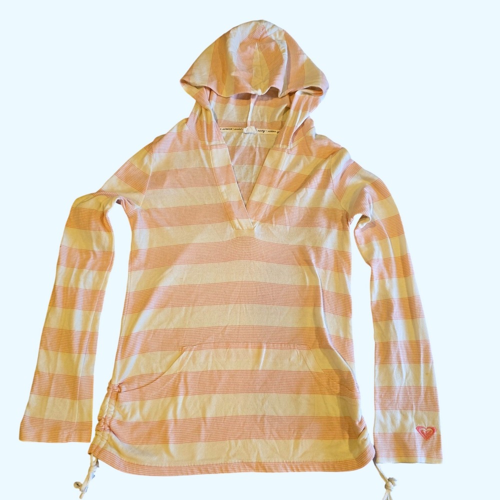 Roxy Wild at Heart Pink White Striped Hoodie V-Neck Pullover Small Cinched Sides